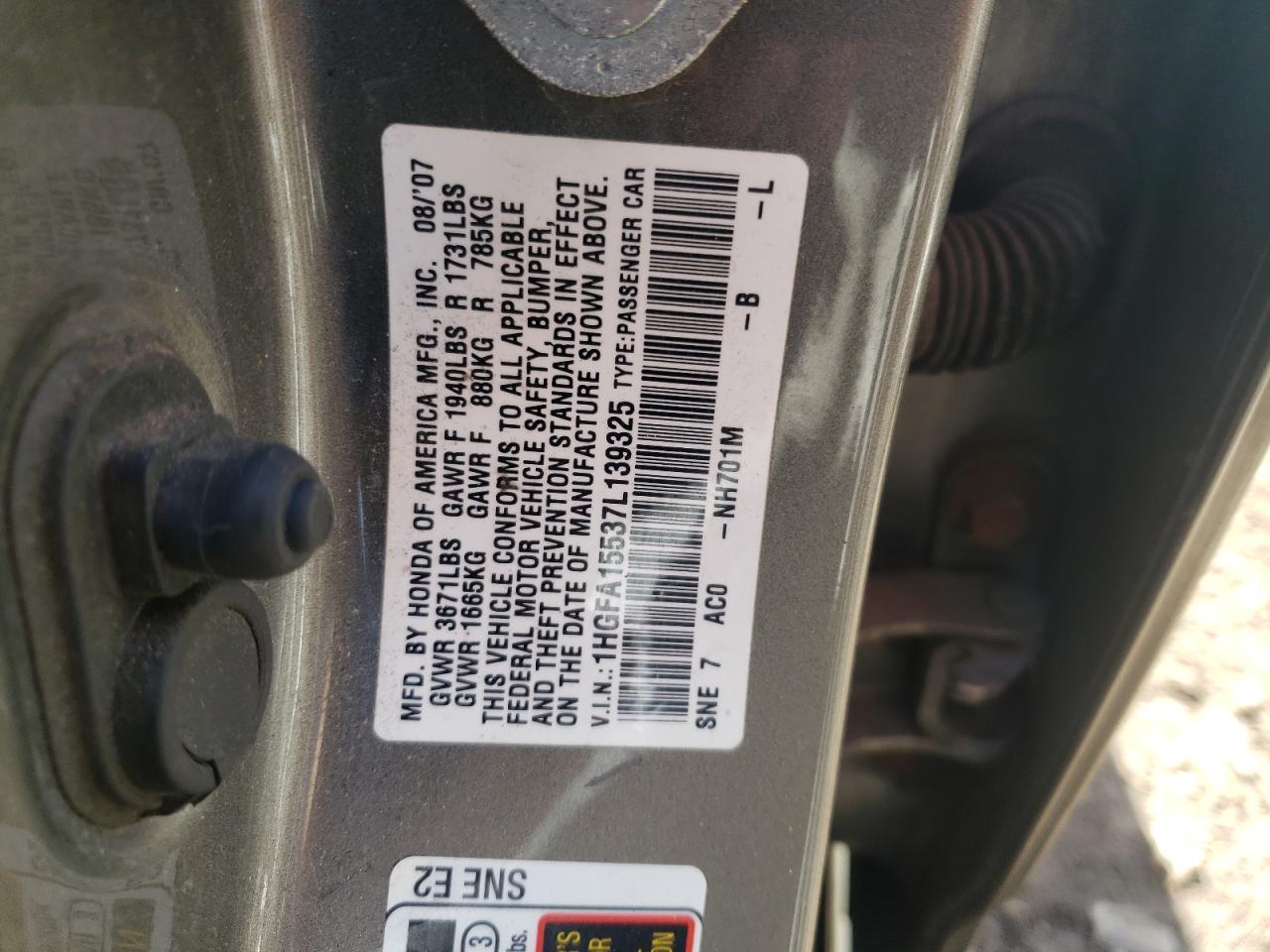 1HGFA15537L139325 2007 Honda Civic Lx