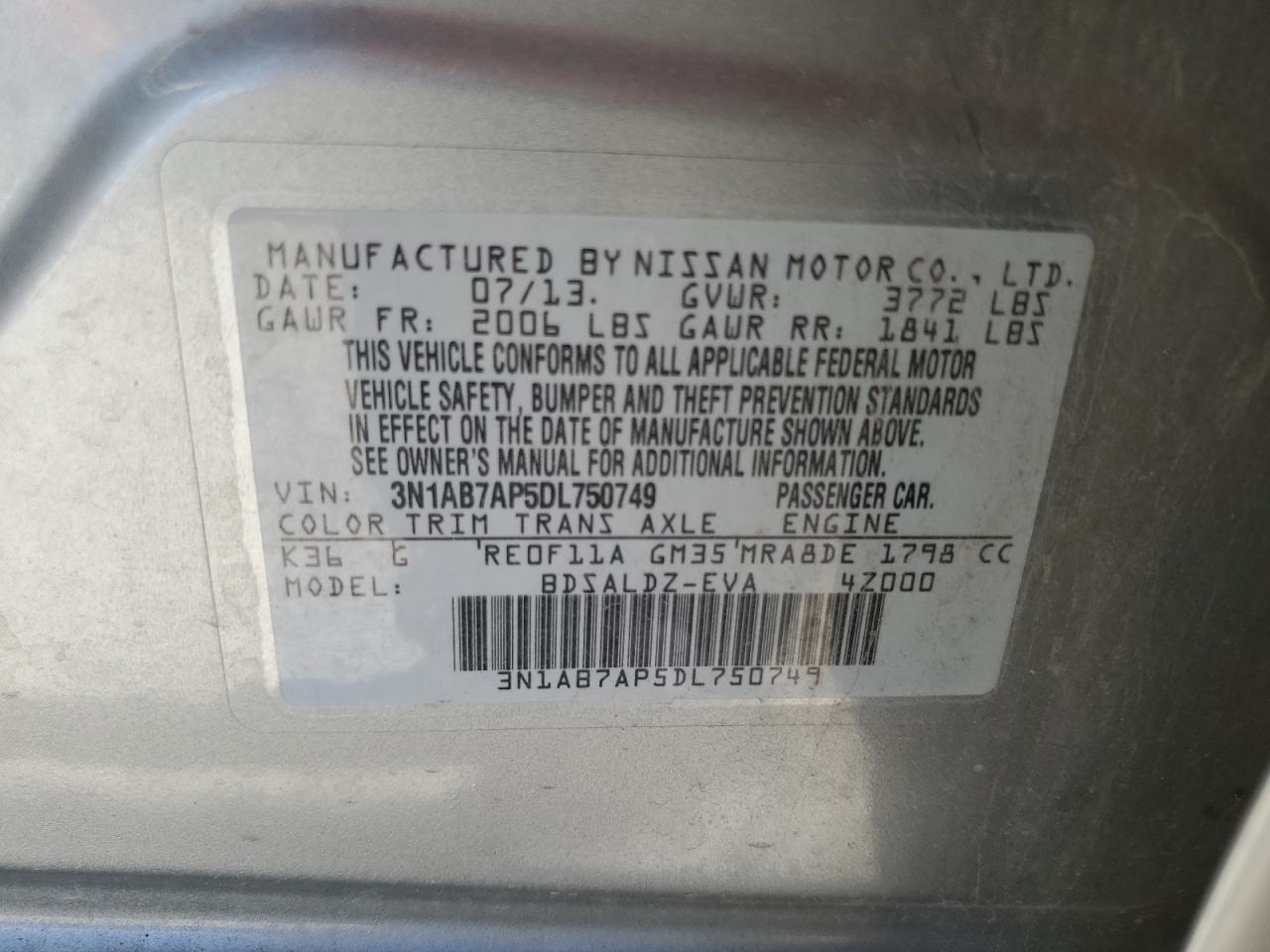3N1AB7AP5DL750749 2013 Nissan Sentra S