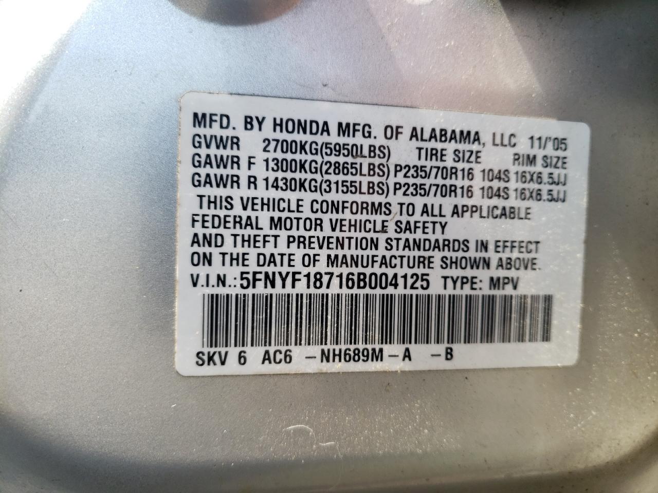 5FNYF18716B004125 2006 Honda Pilot Ex