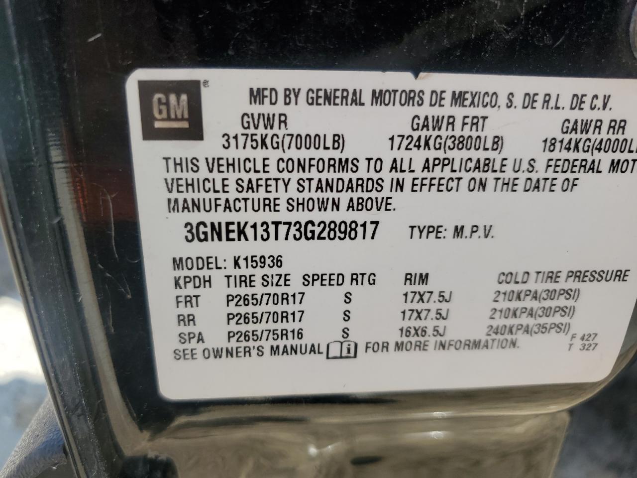 3GNEK13T73G289817 2003 Chevrolet Avalanche K1500