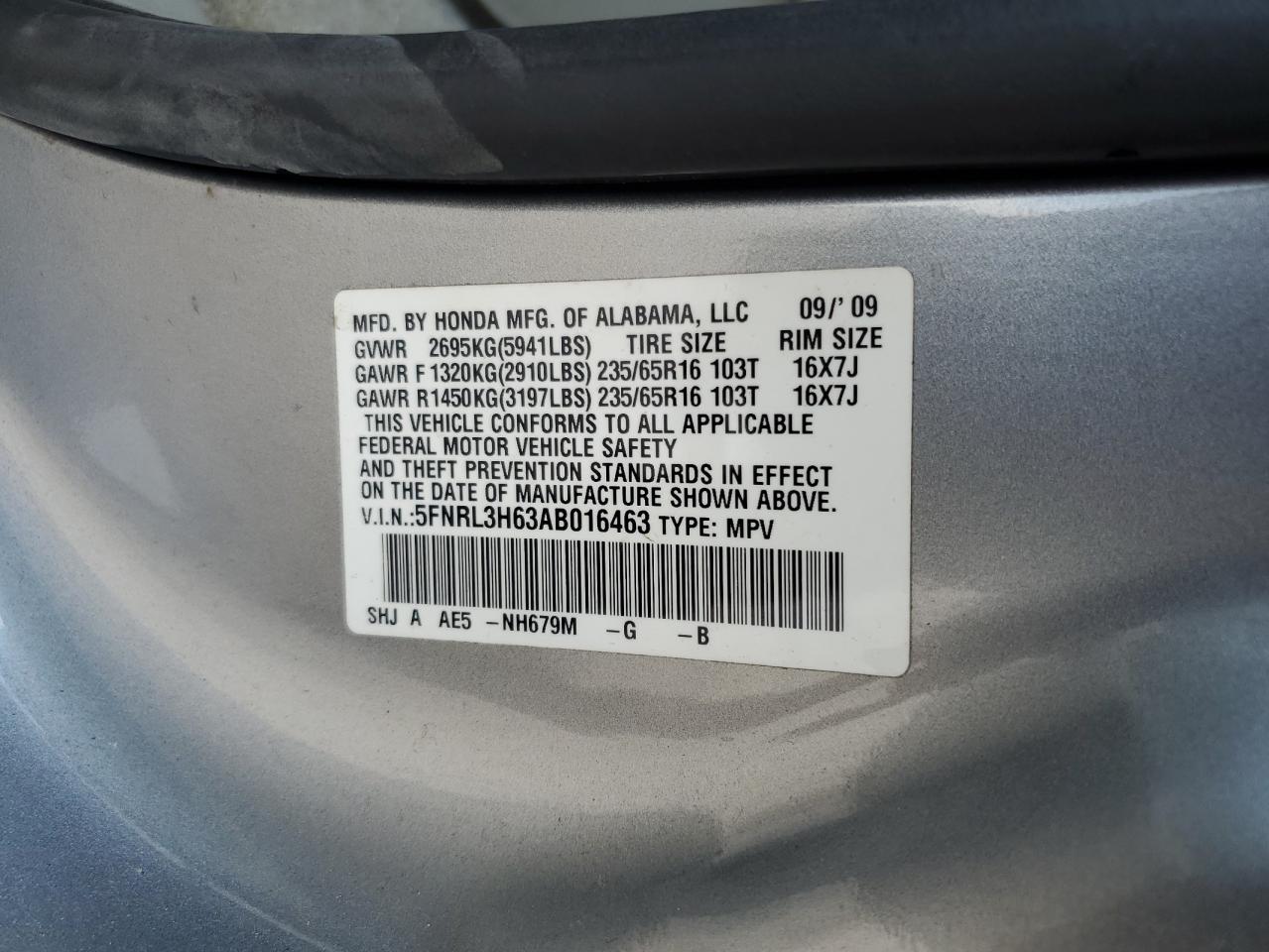 5FNRL3H63AB016463 2010 Honda Odyssey Exl