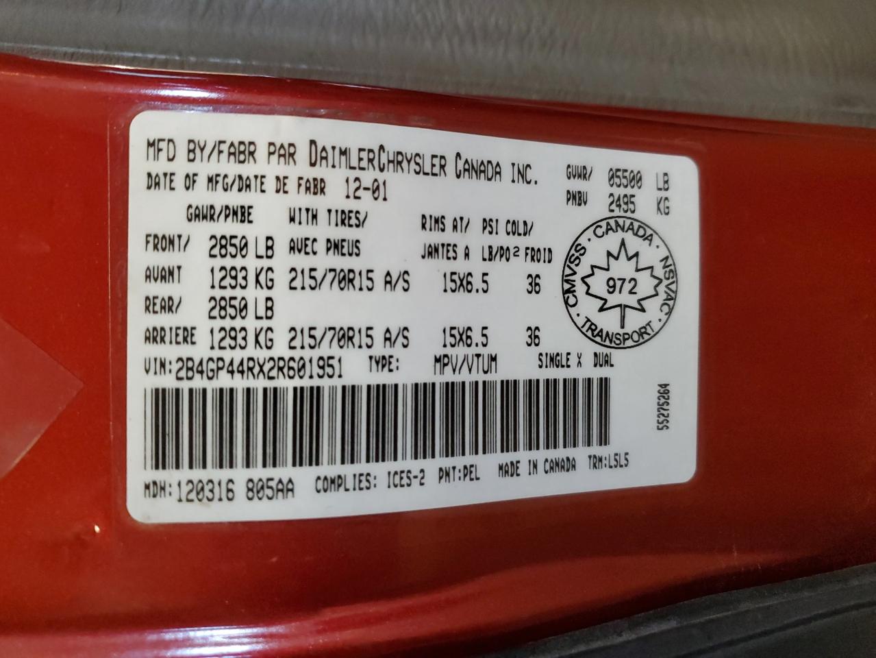 2B4GP44RX2R601951 2002 Dodge Grand Caravan Sport