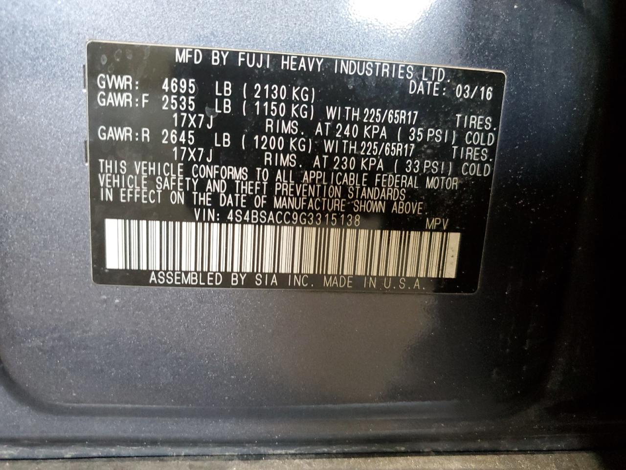 4S4BSACC9G3315138 2016 Subaru Outback 2.5I Premium