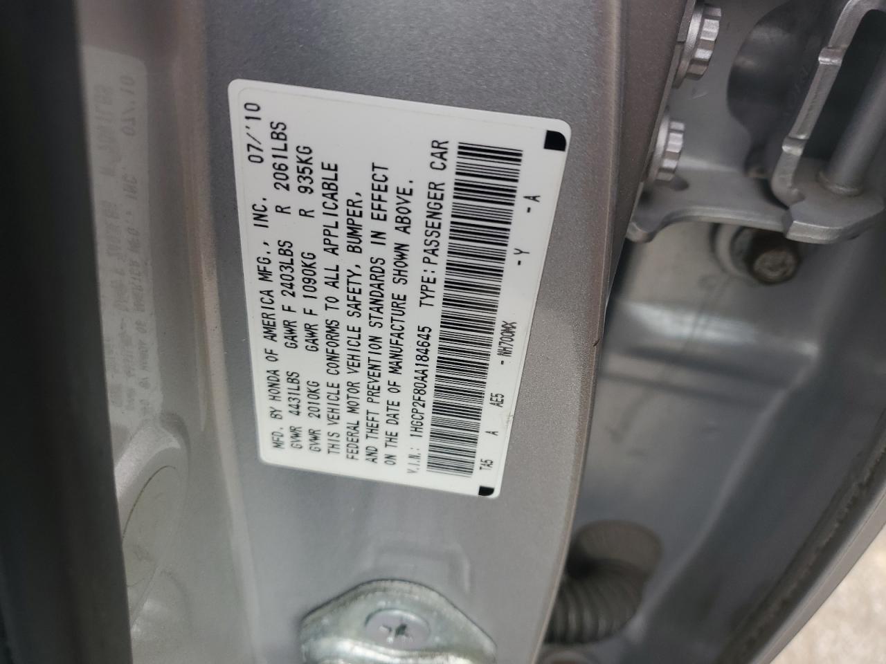1HGCP2F80AA184645 2010 Honda Accord Exl