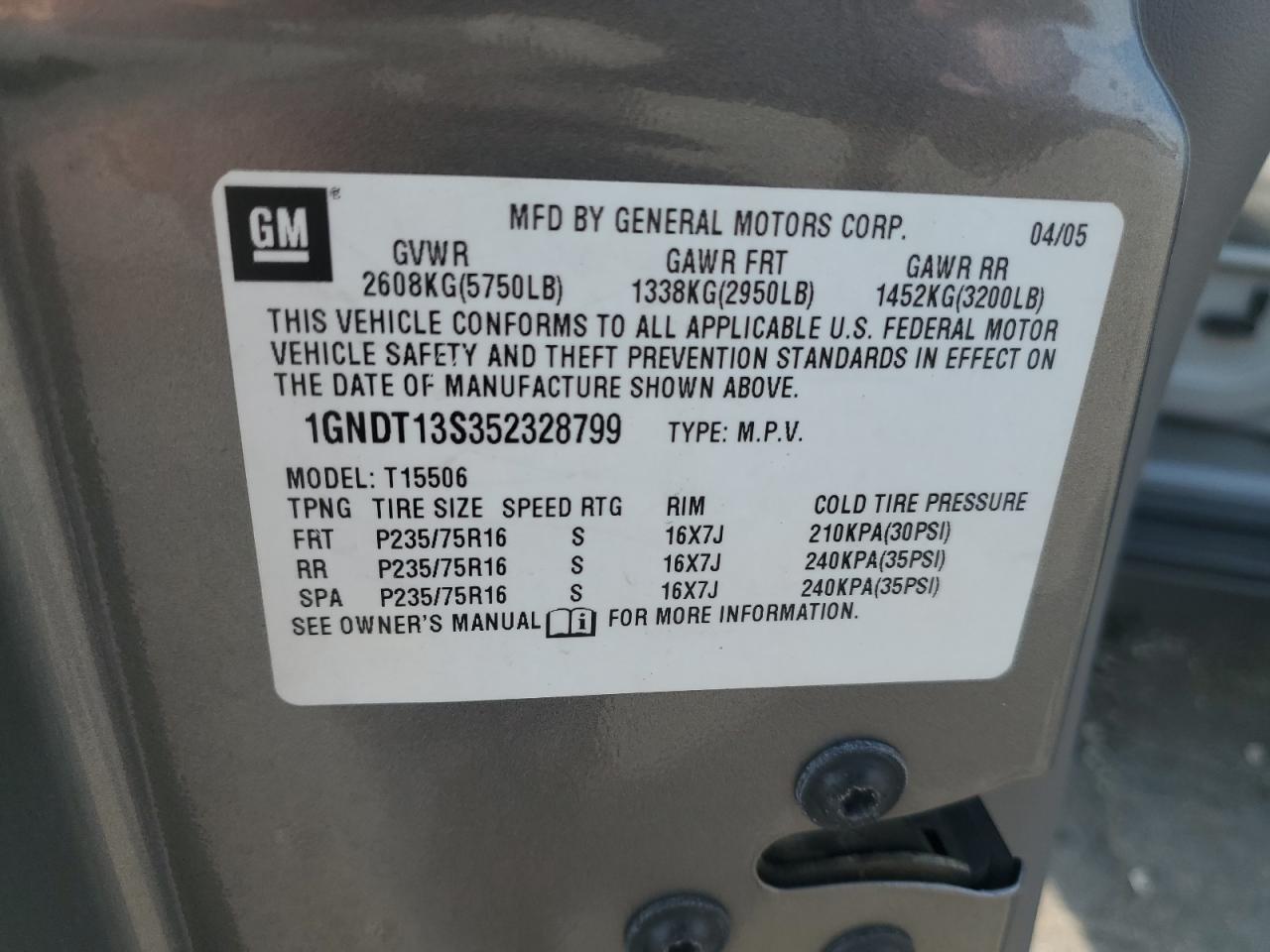 1GNDT13S352328799 2005 Chevrolet Trailblazer Ls