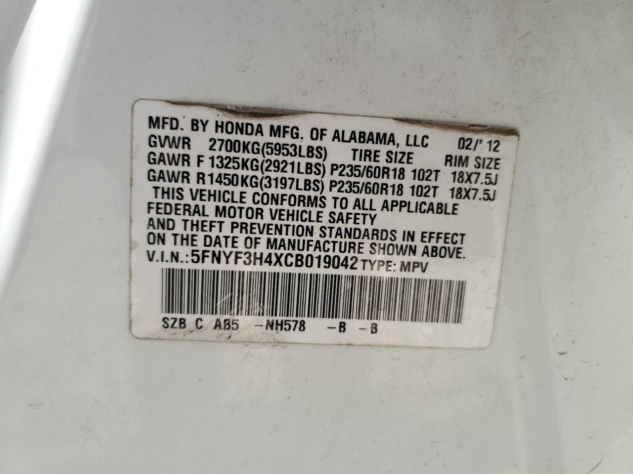 5FNYF3H4XCB019042 2012 Honda Pilot Ex