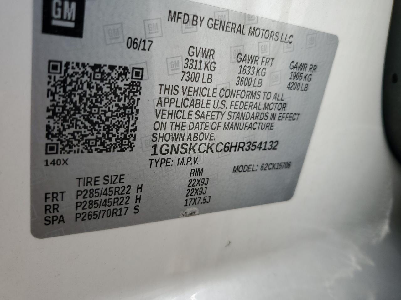 1GNSKCKC6HR354132 2017 Chevrolet Tahoe K1500 Premier