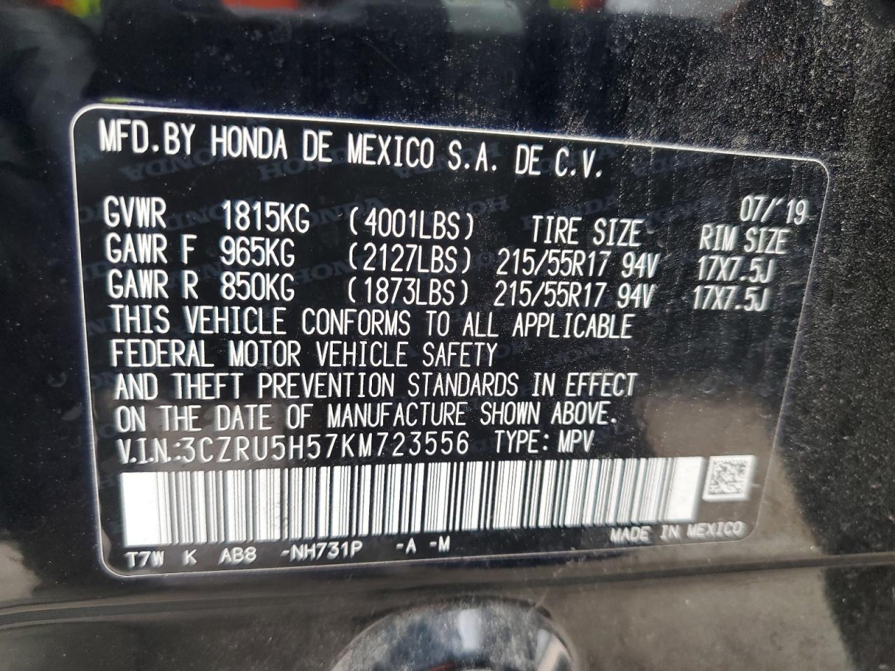 3CZRU5H57KM723556 2019 Honda Hr-V Ex