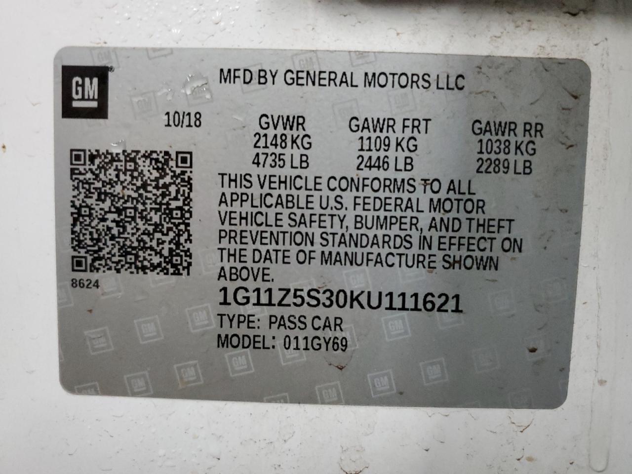 1G11Z5S30KU111621 2019 Chevrolet Impala Lt