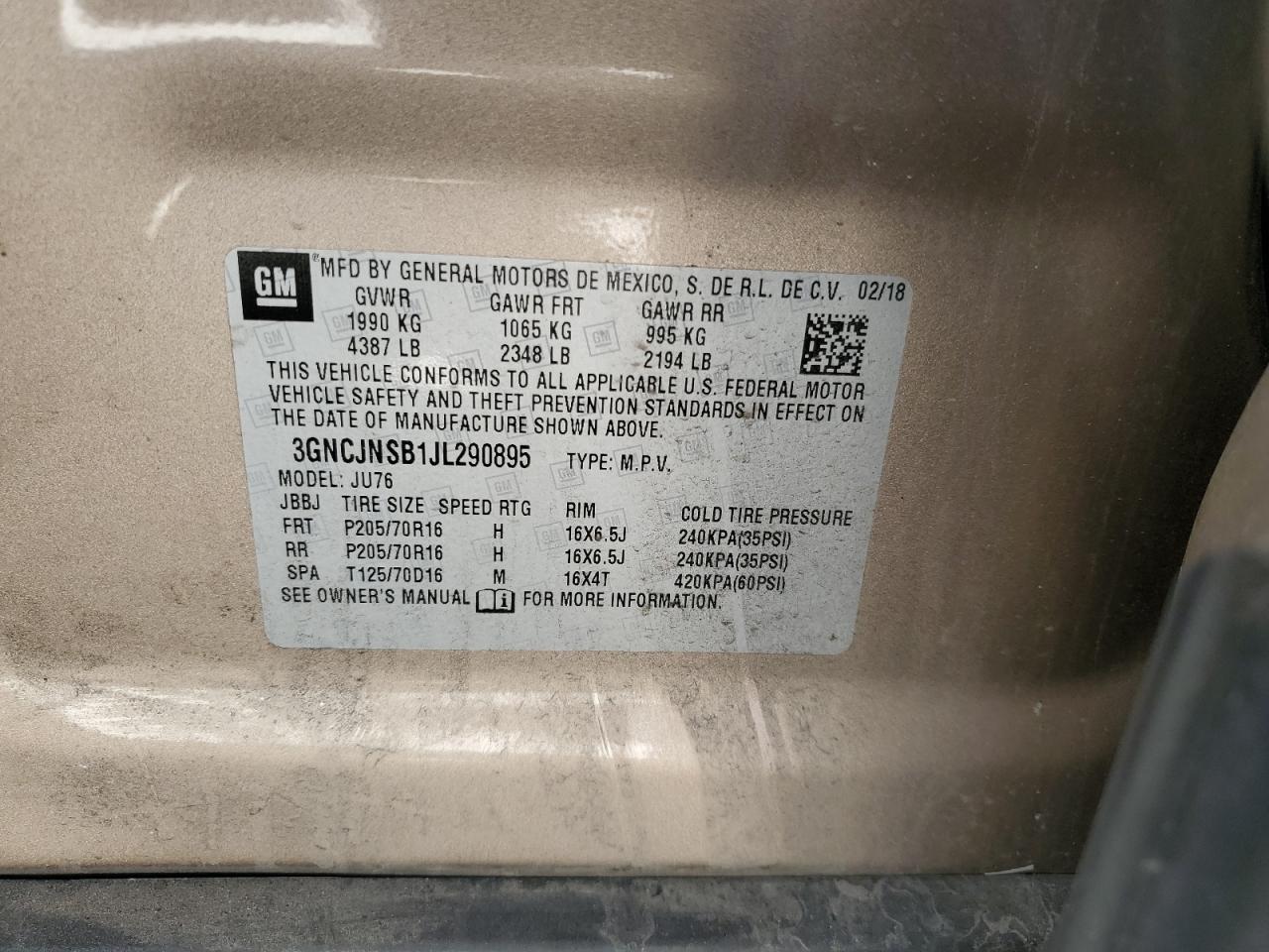 3GNCJNSB1JL290895 2018 Chevrolet Trax Ls
