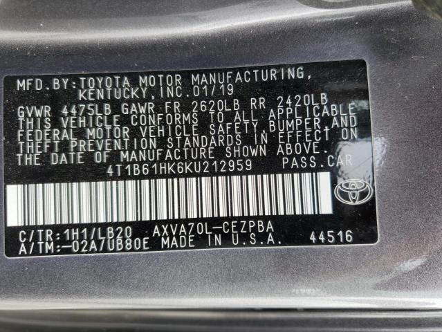 VIN 4T1B61HK6KU212959 2019 Toyota Camry, Xse no.12