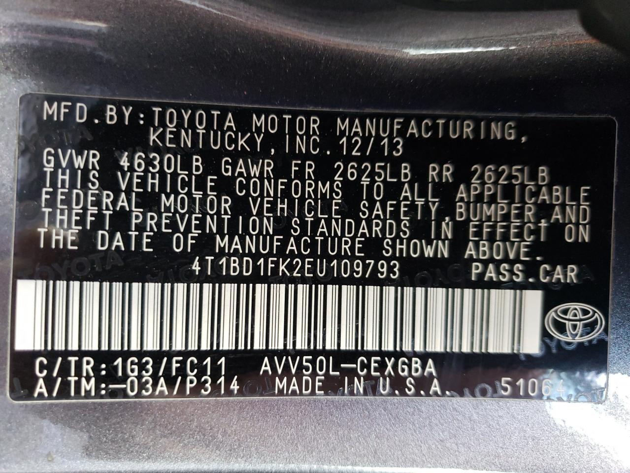 4T1BD1FK2EU109793 2014 Toyota Camry Hybrid