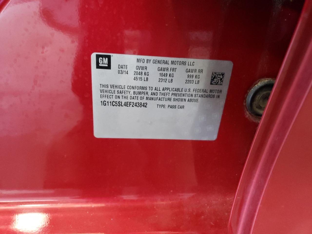 1G11C5SL4EF243842 2014 Chevrolet Malibu 1Lt