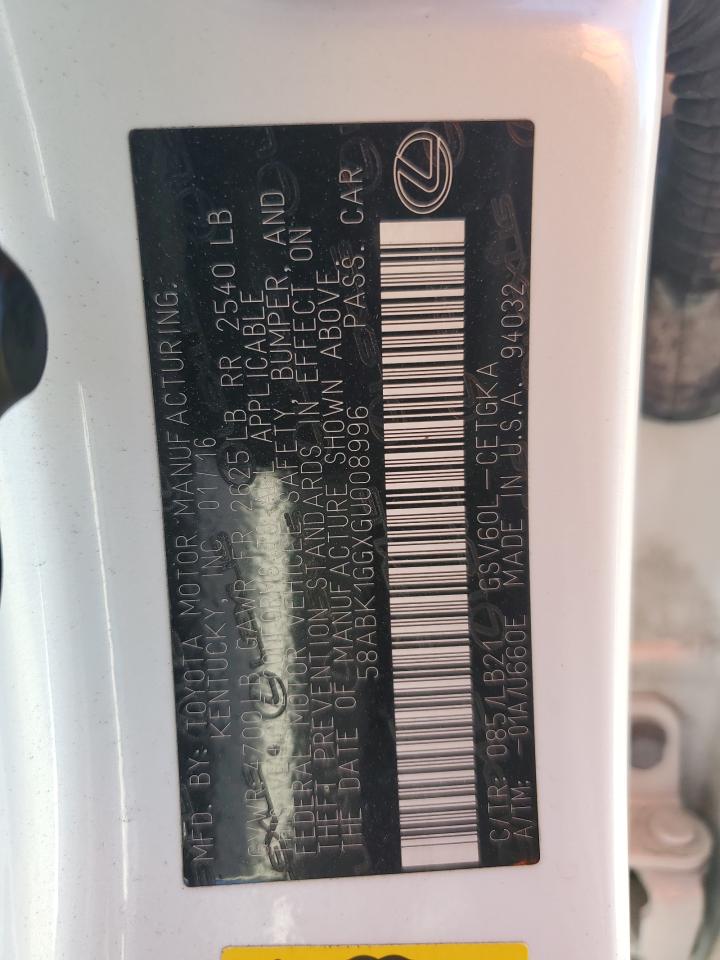 58ABK1GGXGU008996 2016 Lexus Es 350