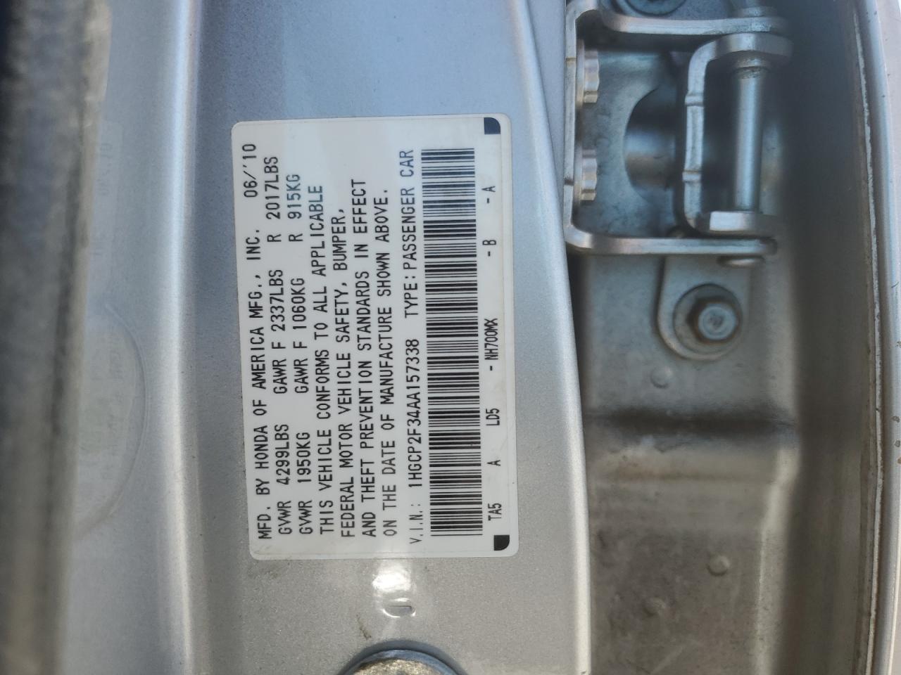 1HGCP2F34AA157338 2010 Honda Accord Lx