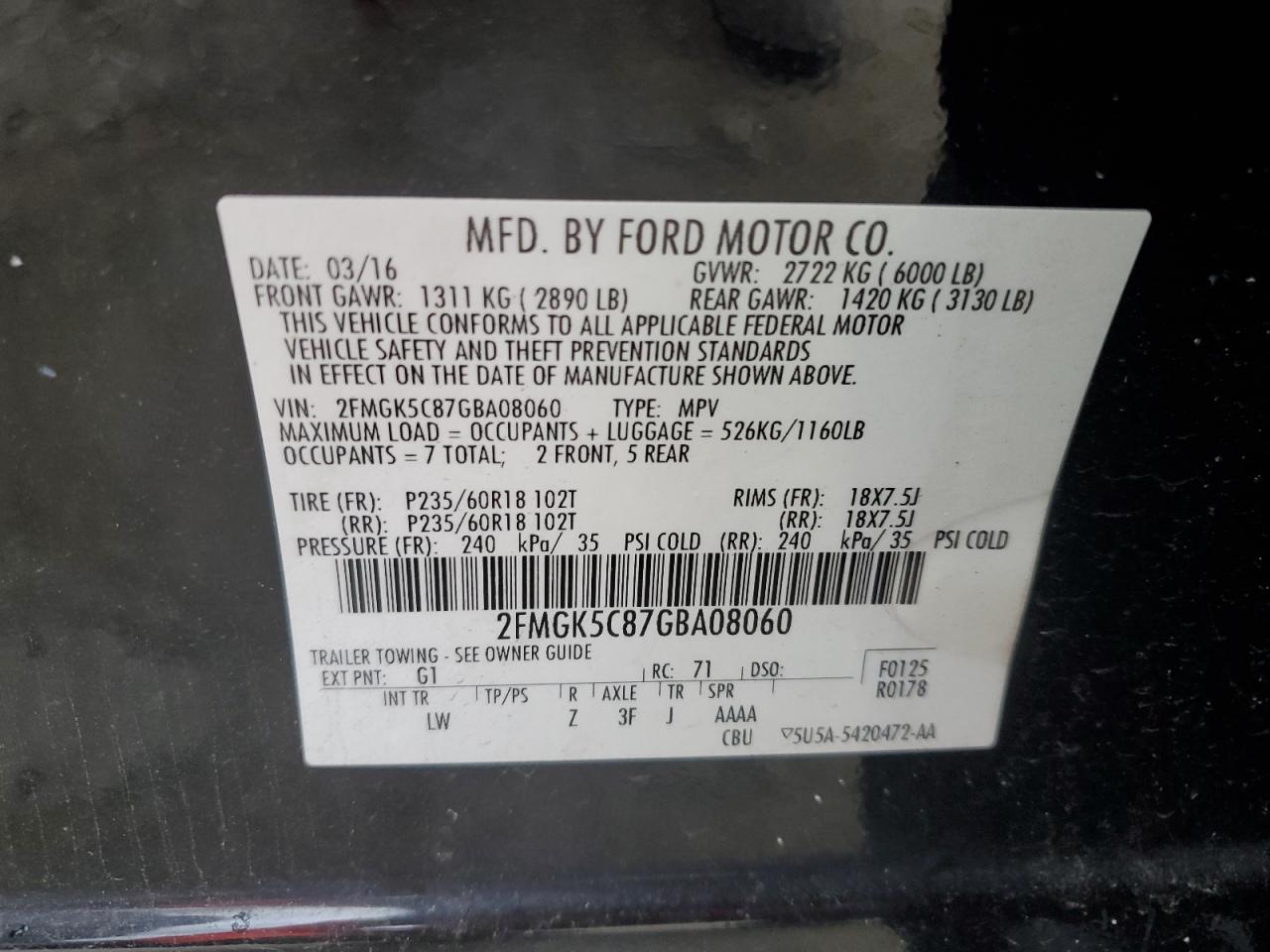 2FMGK5C87GBA08060 2016 Ford Flex Sel