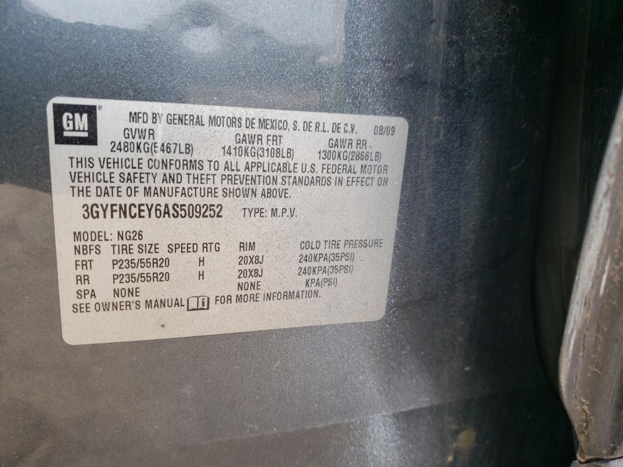 3GYFNCEY6AS509252 2010 Cadillac Srx Premium Collection