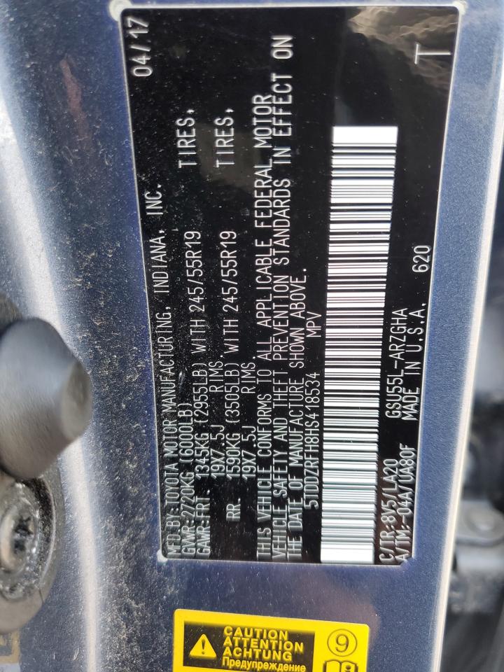 5TDDZRFH8HS418534 2017 Toyota Highlander Limited