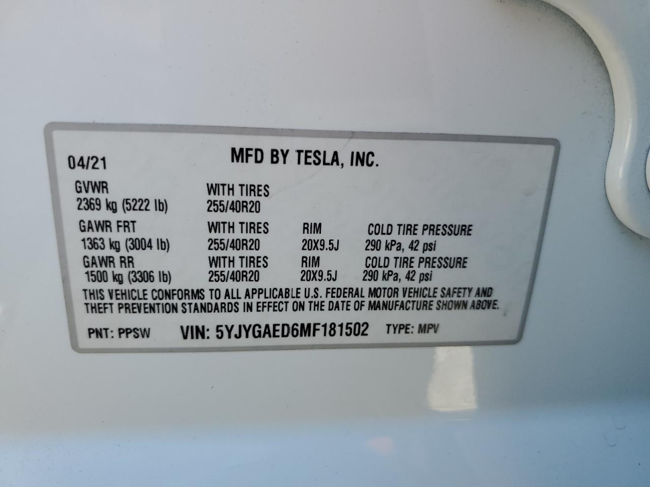 5YJYGAED6MF181502 2021 Tesla Model Y