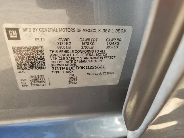 2019 GMC Sierra C1500 Slt VIN: 3GTP8DED9KG235621 Lot: 55933864