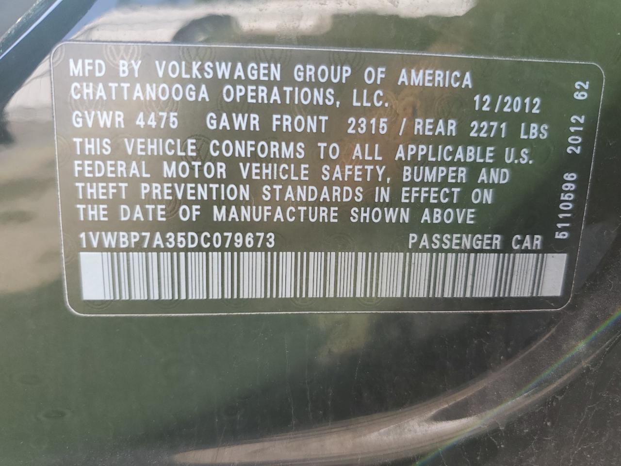 1VWBP7A35DC079673 2013 Volkswagen Passat Se