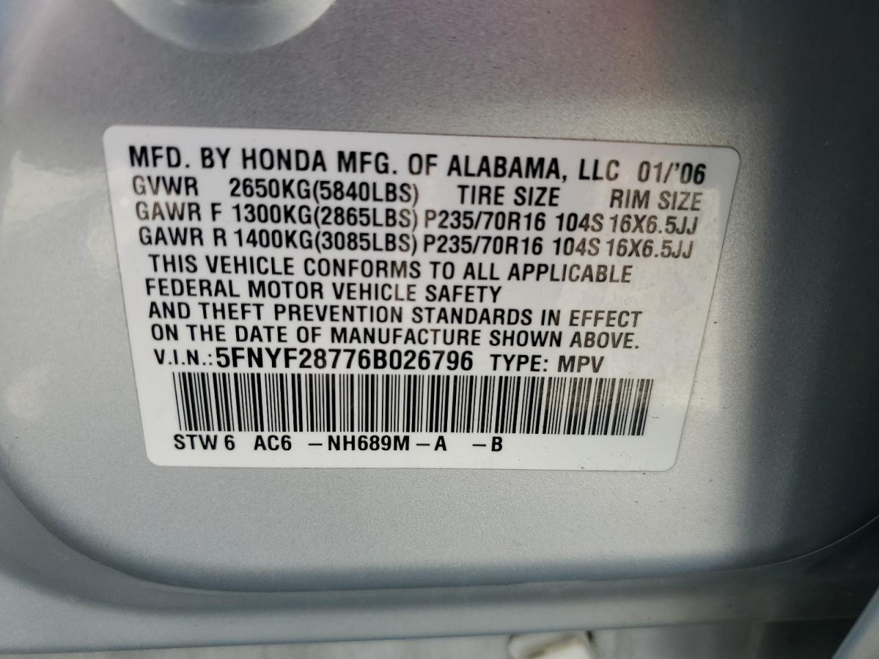 5FNYF28776B026796 2006 Honda Pilot Ex