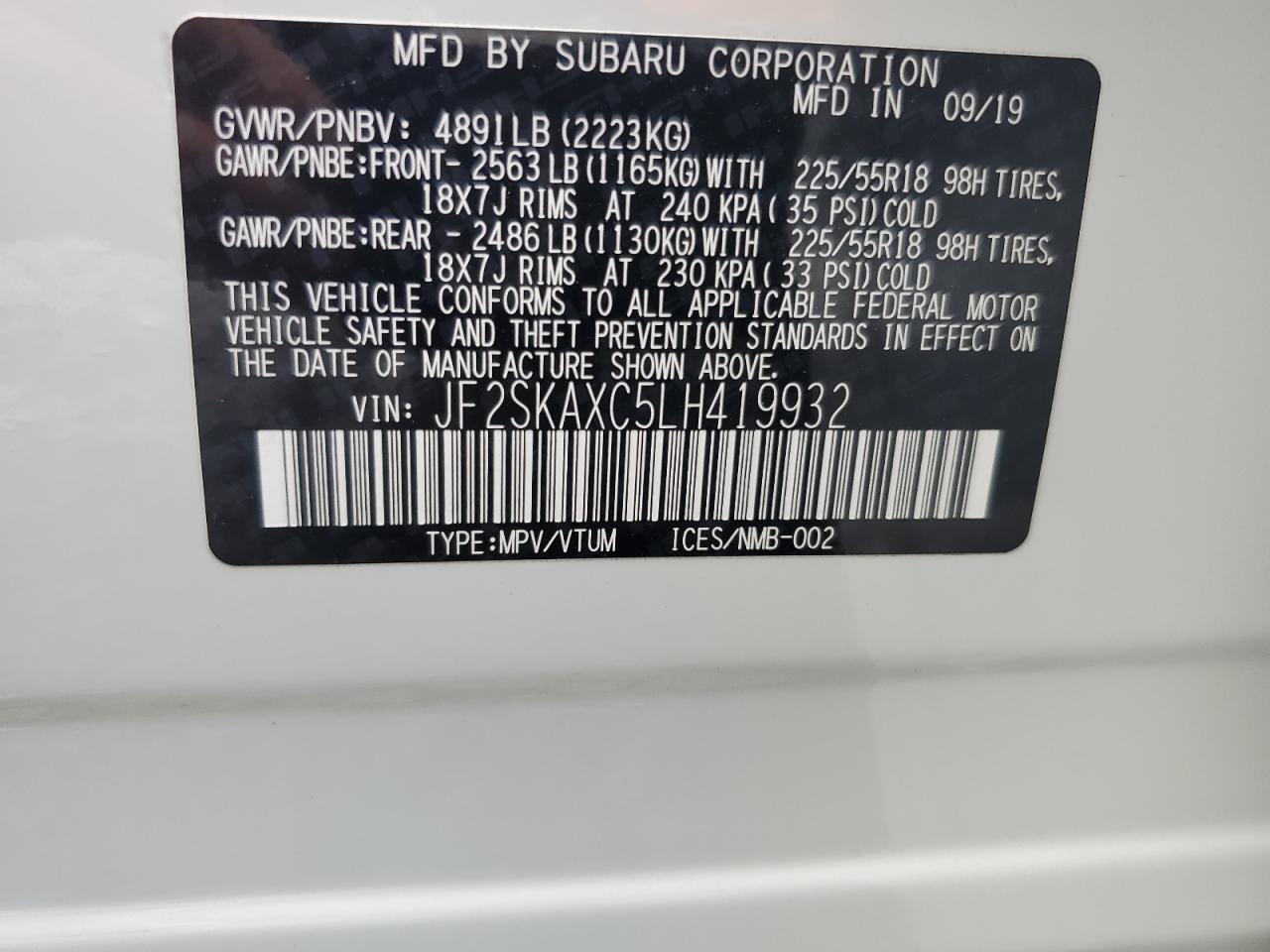 JF2SKAXC5LH419932 2020 Subaru Forester Touring