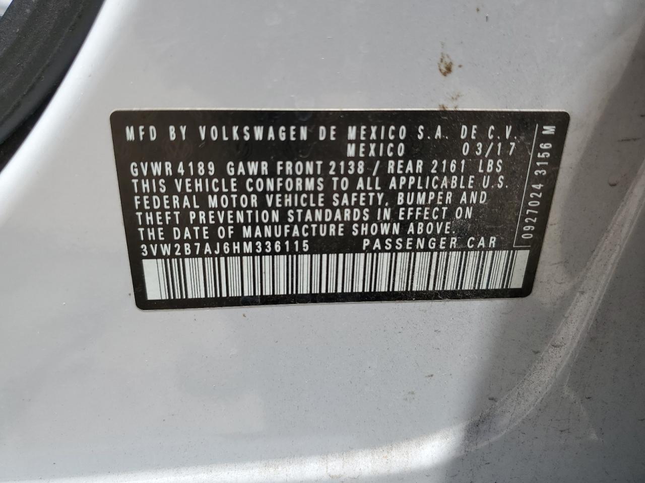 3VW2B7AJ6HM336115 2017 Volkswagen Jetta S