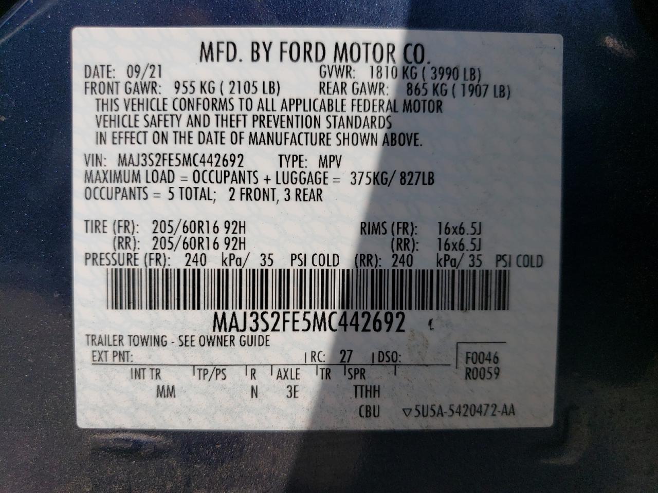 MAJ3S2FE5MC442692 2021 Ford Ecosport S