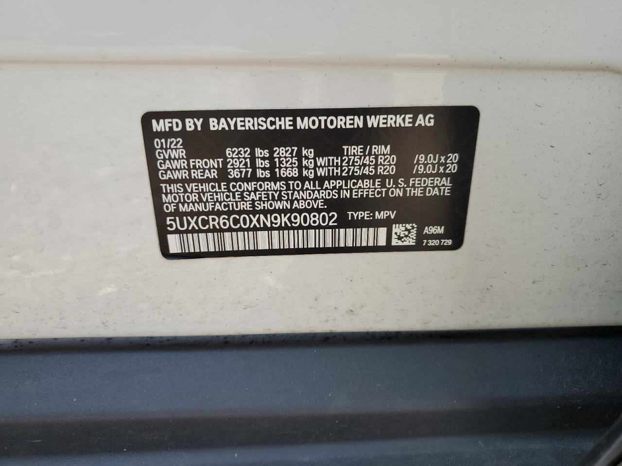 5UXCR6C0XN9K90802 2022 BMW X5 xDrive40I