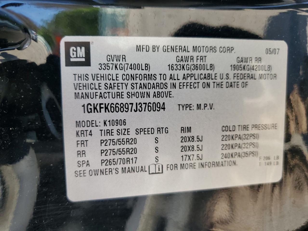 1GKFK66897J376094 2007 GMC Yukon Xl Denali