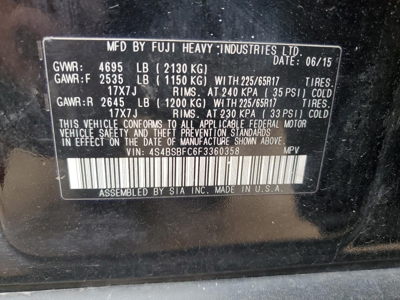 4S4BSBFC6F3360358 2015 Subaru Outback 2.5I Premium