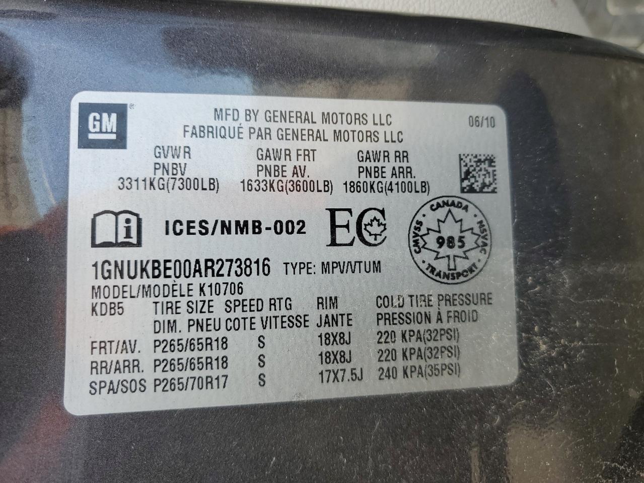 1GNUKBE00AR273816 2010 Chevrolet Tahoe K1500 Lt