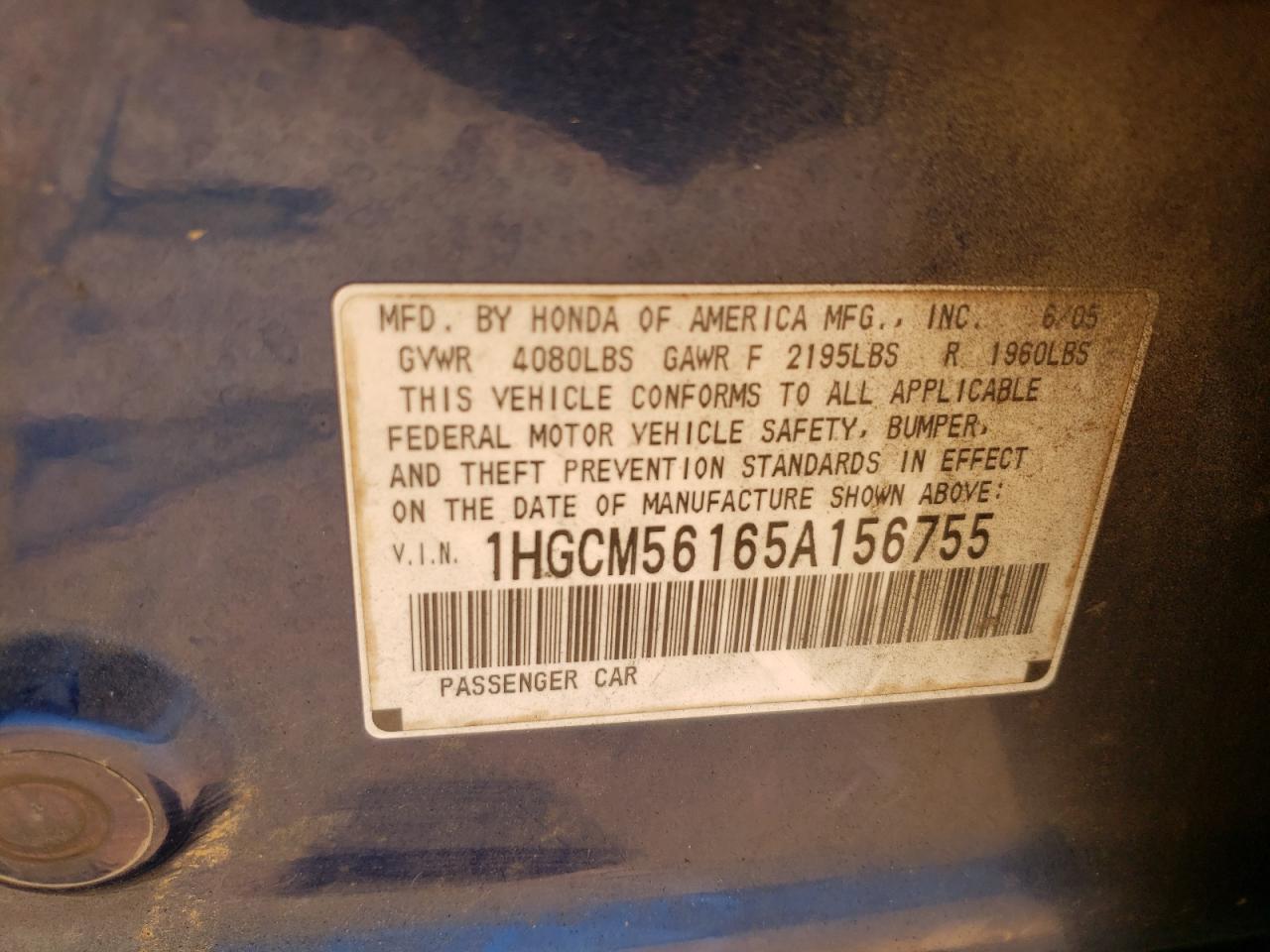 1HGCM56165A156755 2005 Honda Accord Dx