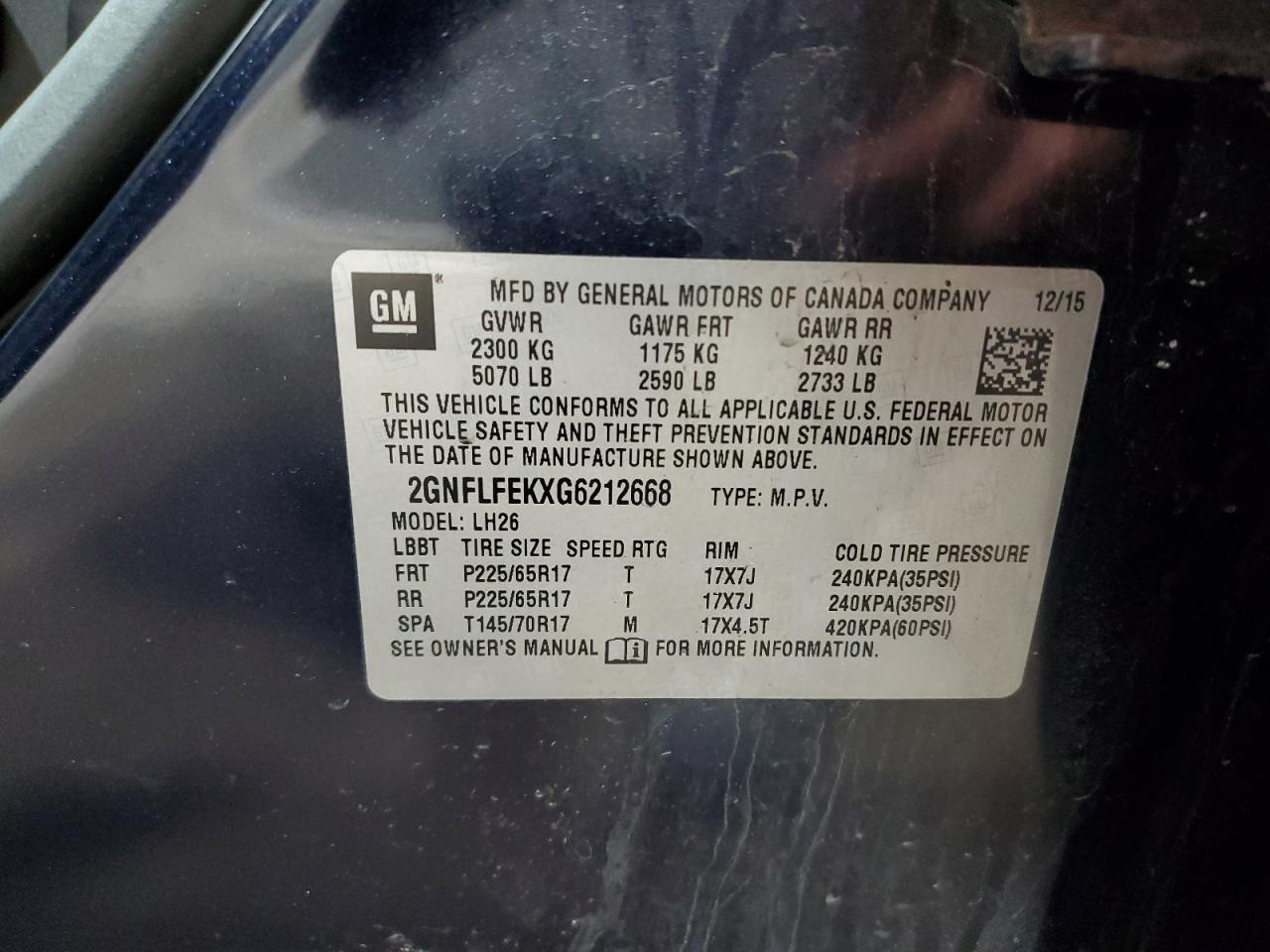 2GNFLFEKXG6212668 2016 Chevrolet Equinox Lt