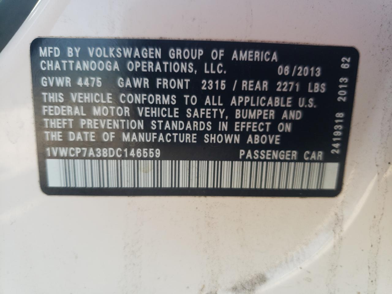 1VWCP7A38DC146559 2013 Volkswagen Passat Sel