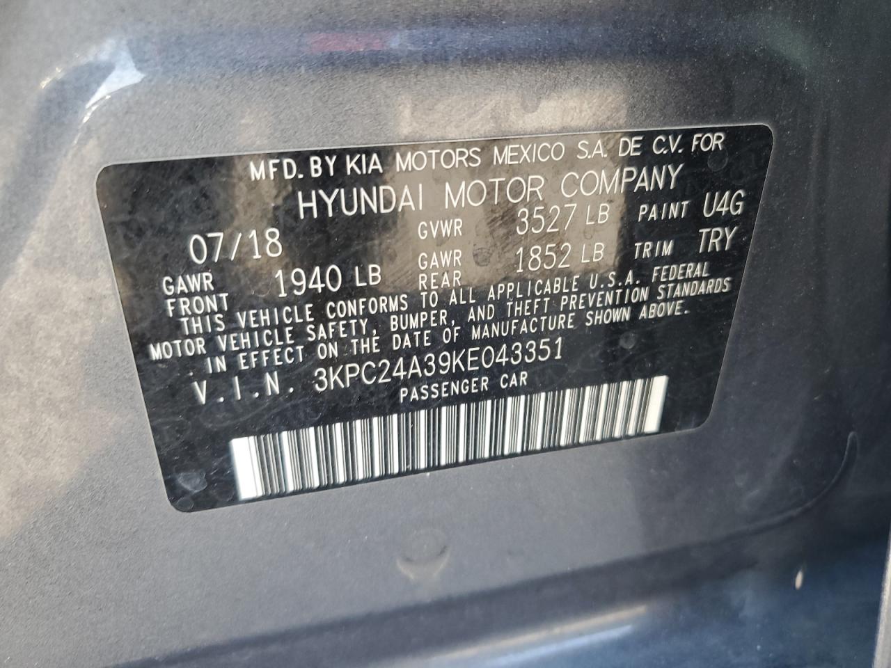 3KPC24A39KE043351 2019 Hyundai Accent Se