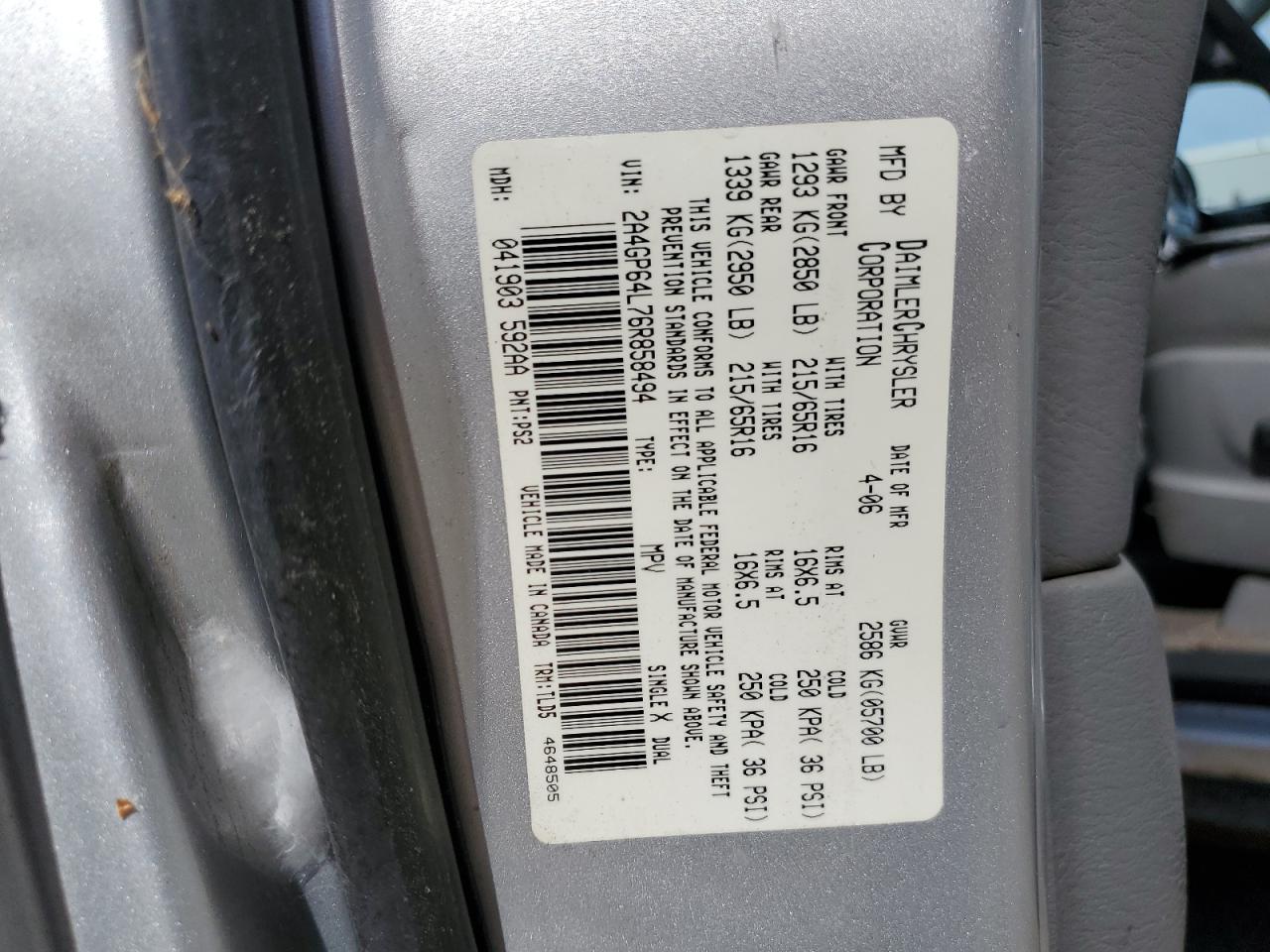 2A4GP64L76R858494 2006 Chrysler Town & Country Limited