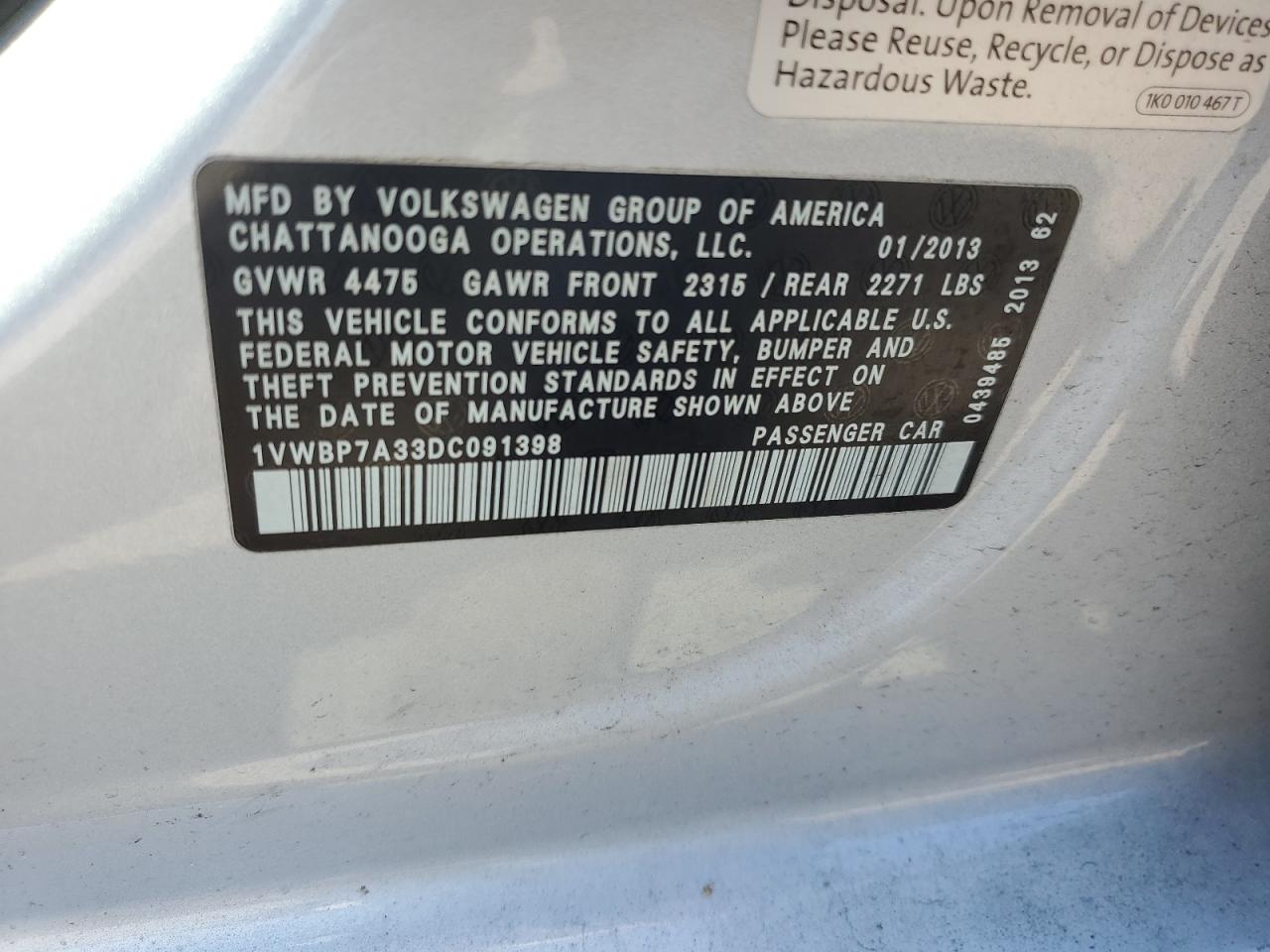 1VWBP7A33DC091398 2013 Volkswagen Passat Se