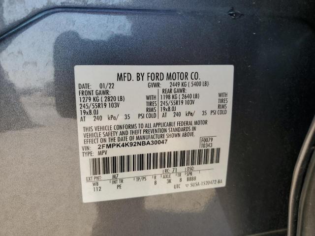 2022 Ford Edge Titanium VIN: 2FMPK4K92NBA30047 Lot: 58573444