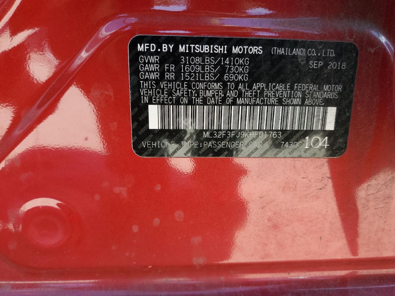 ML32F3FJ9KHF01763 2019 Mitsubishi Mirage G4 Es