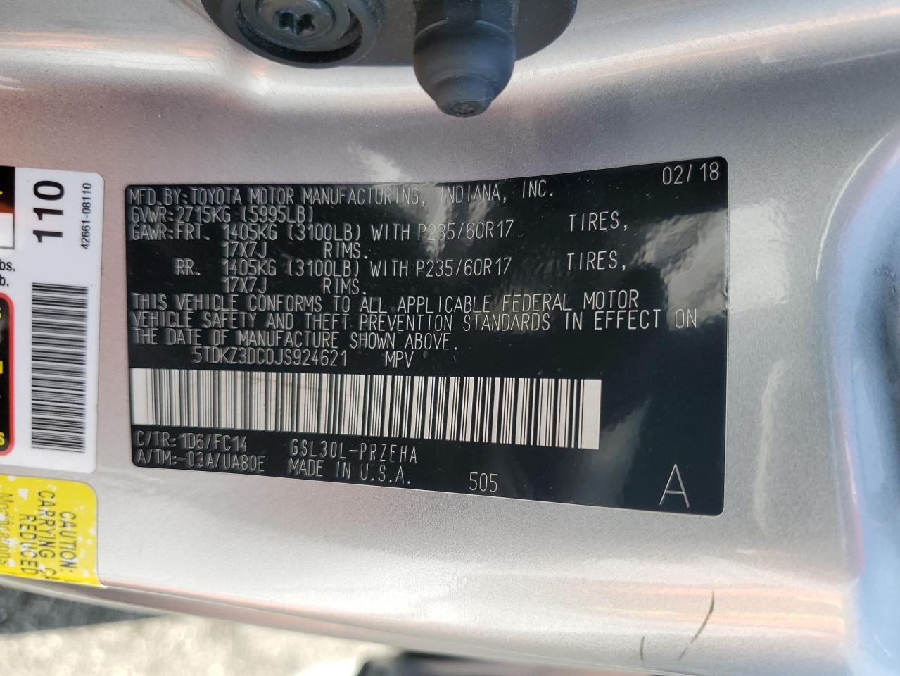 5TDKZ3DC0JS924621 2018 Toyota Sienna Le