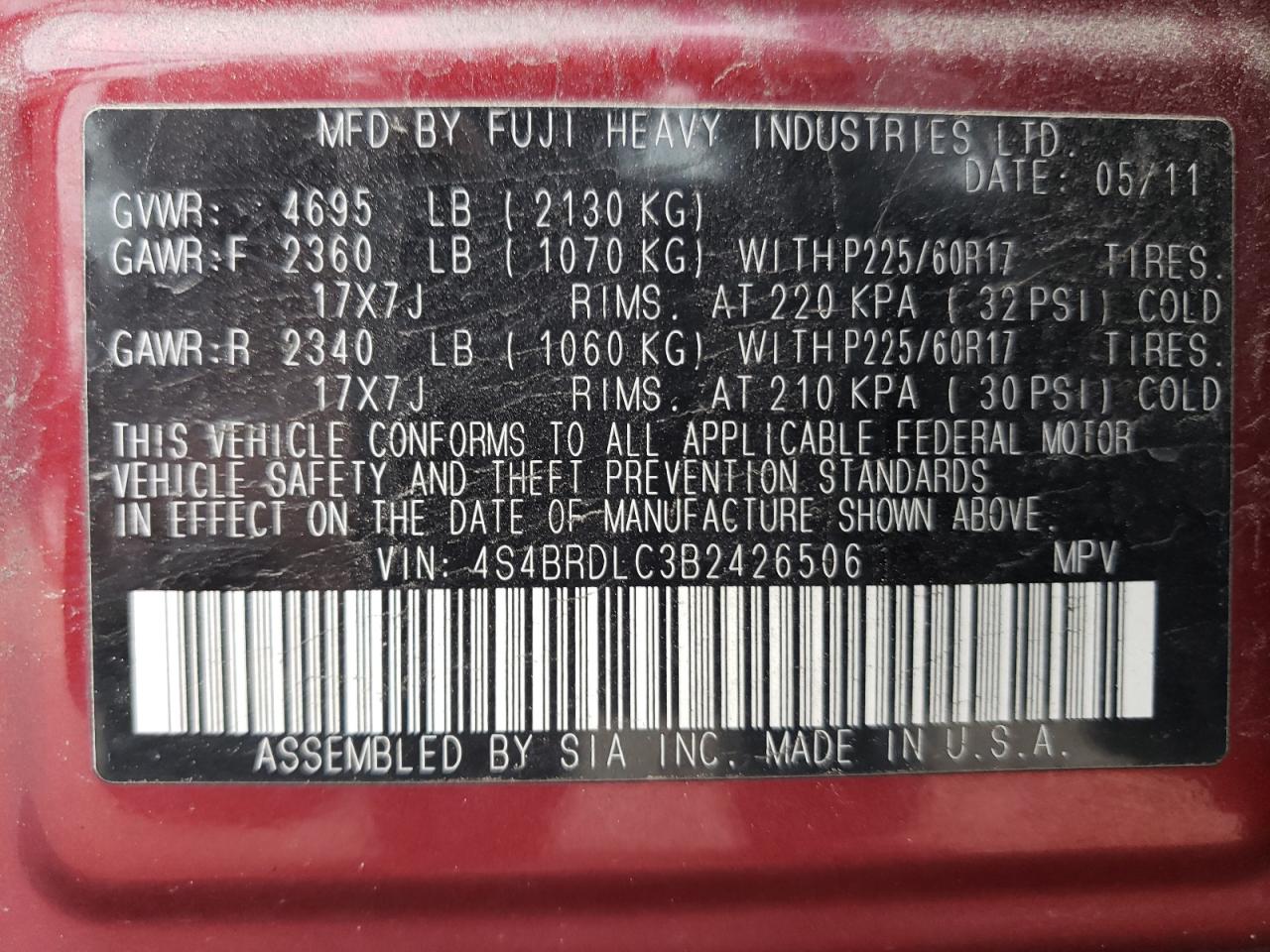 4S4BRDLC3B2426506 2011 Subaru Outback 3.6R Limited