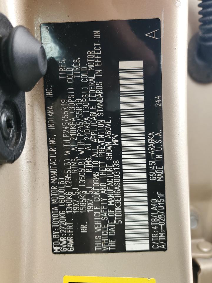 5TDDK3EH6AS003138 2010 Toyota Highlander Limited