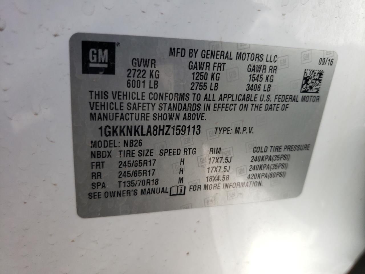 1GKKNKLA8HZ159113 2017 GMC Acadia Sle