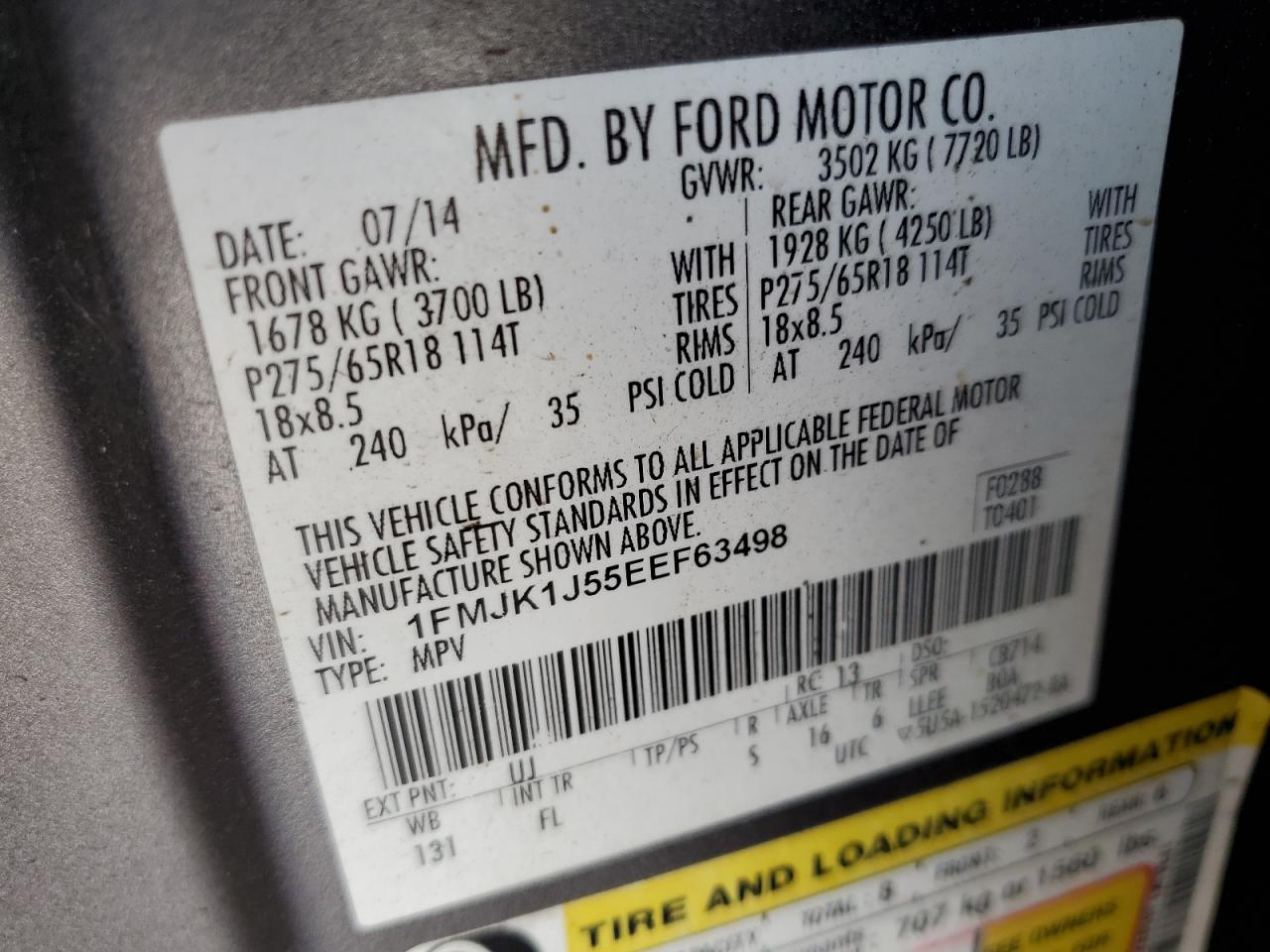 1FMJK1J55EEF63498 2014 Ford Expedition El Xlt