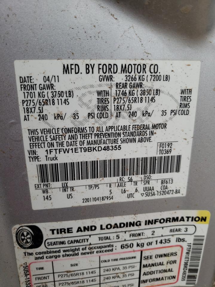 1FTFW1ET9BKD48355 2011 Ford F150 Supercrew