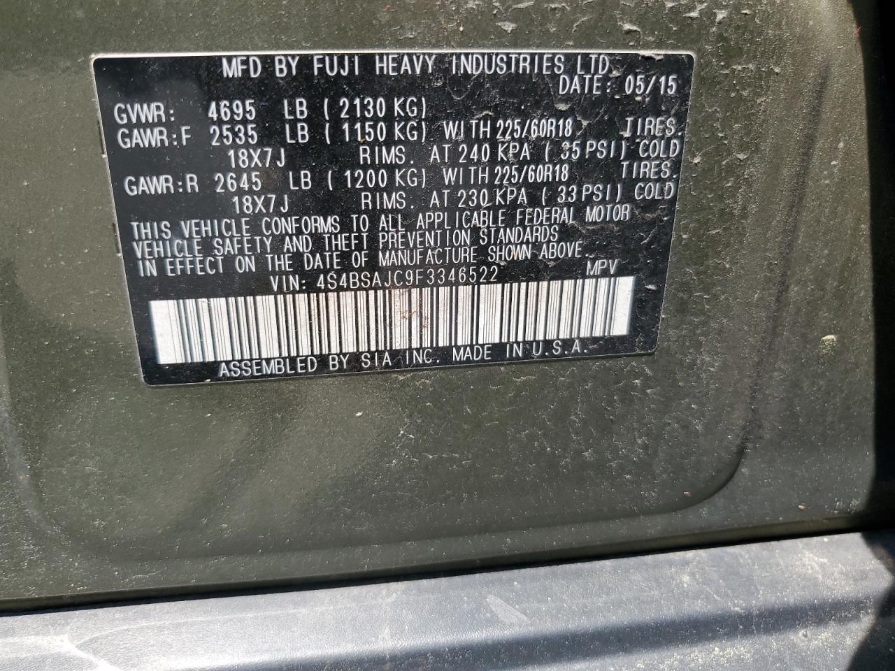 4S4BSAJC9F3346522 2015 Subaru Outback 2.5I Limited