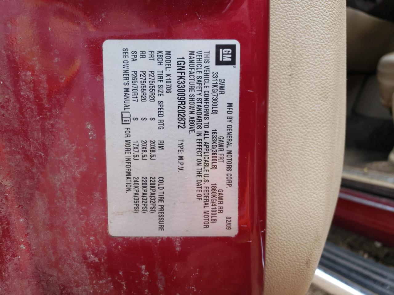 1GNFK33009R202872 2009 Chevrolet Tahoe K1500 Ltz