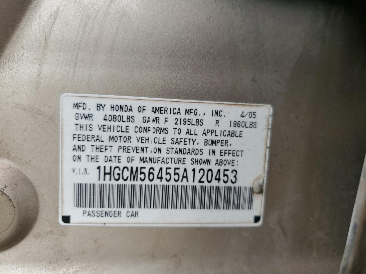 1HGCM56455A120453 2005 Honda Accord Lx